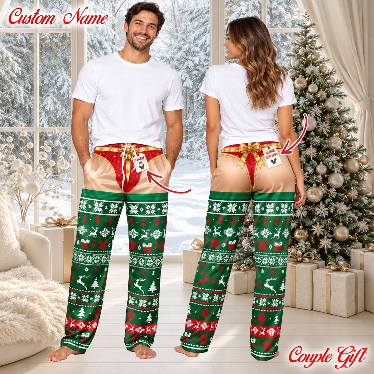 Another lifestyle view of the funny joke pajama set worn during Christmas festivities