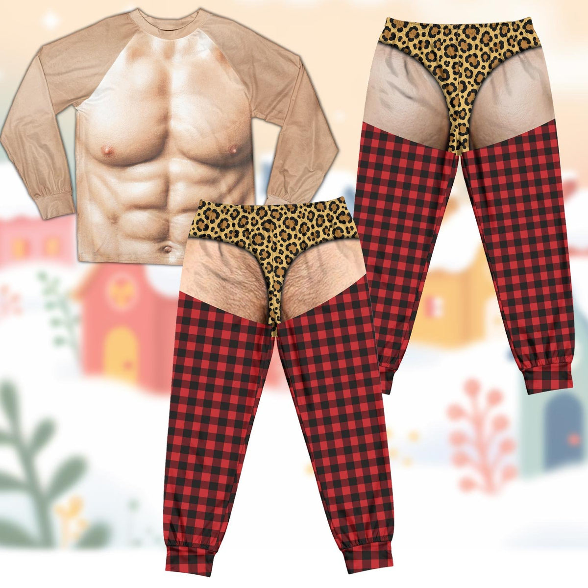 Close up of funny pajama set showing torso and leopard print details