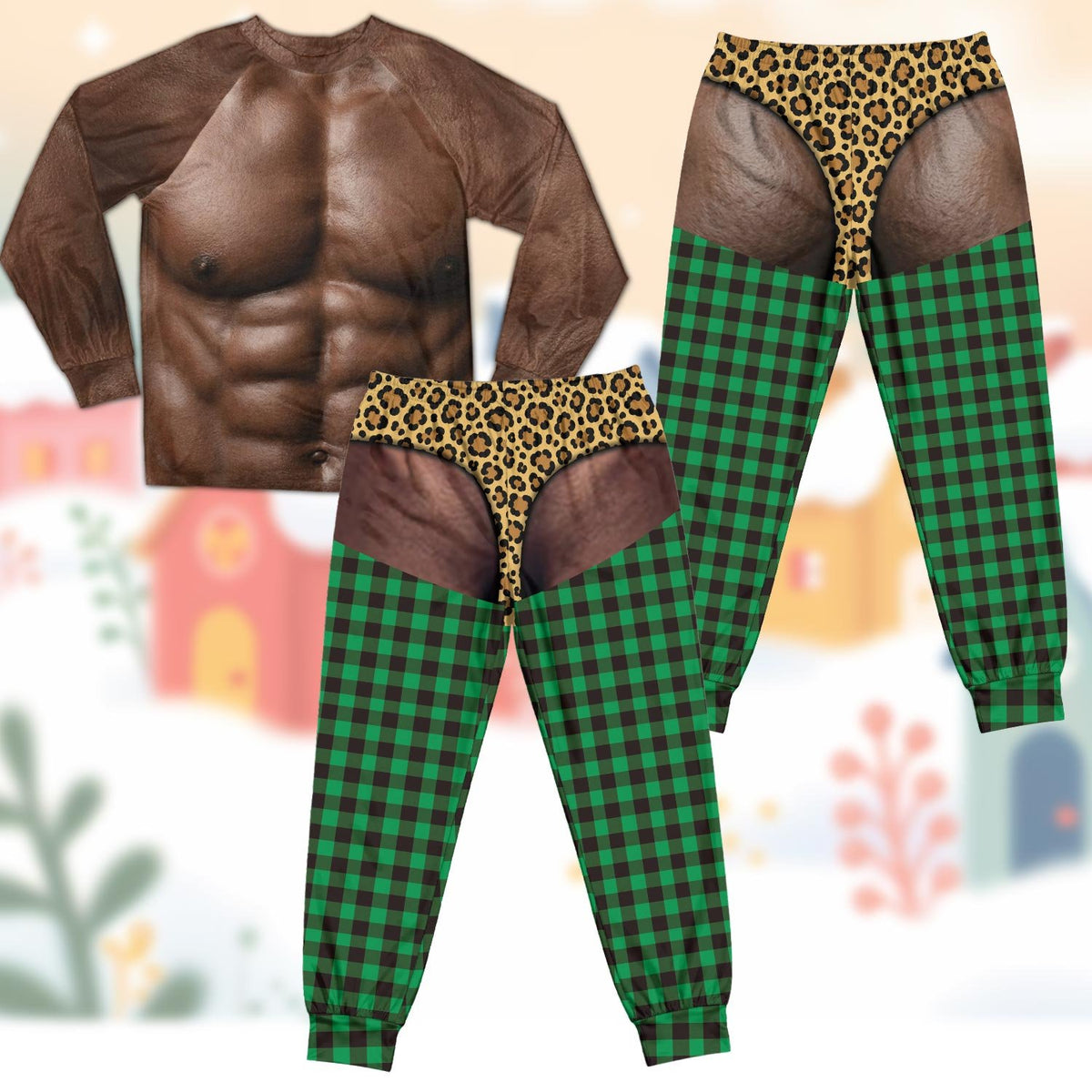 Family matching pajamas with hairy chest design and plaid pants