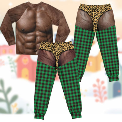 Family matching pajamas with hairy chest design and plaid pants
