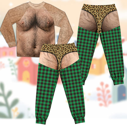 Another front view of the novelty hairy torso pajama set