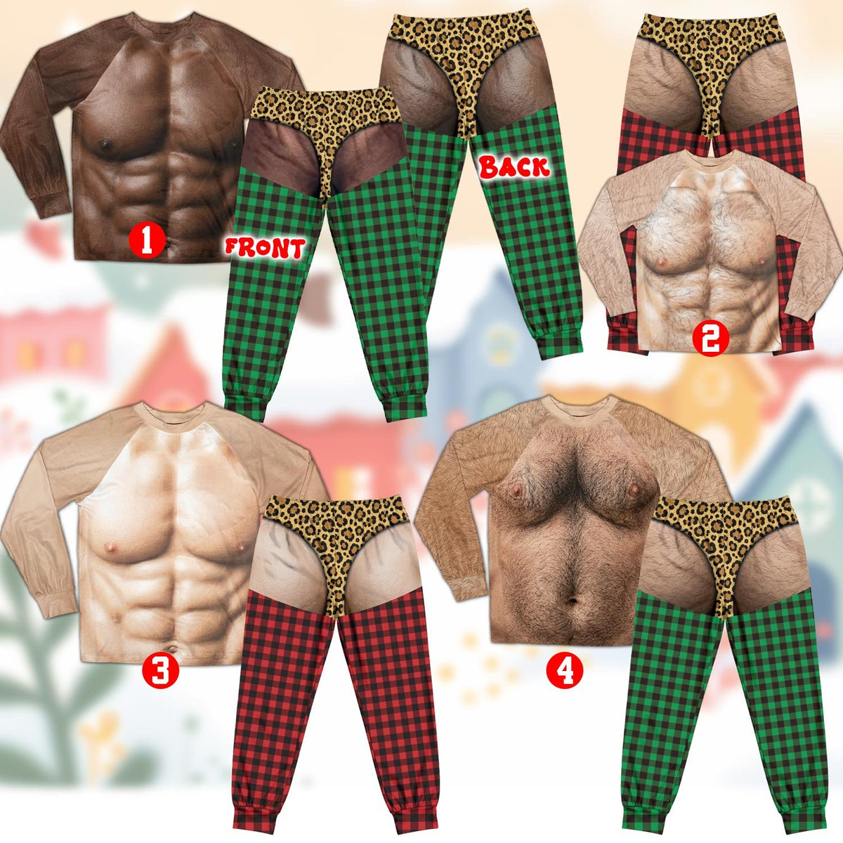 Front view of matching family pajamas with humorous hairy torso print
