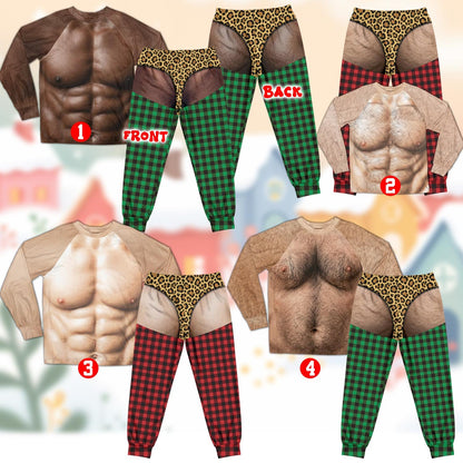Front view of matching family pajamas with humorous hairy torso print
