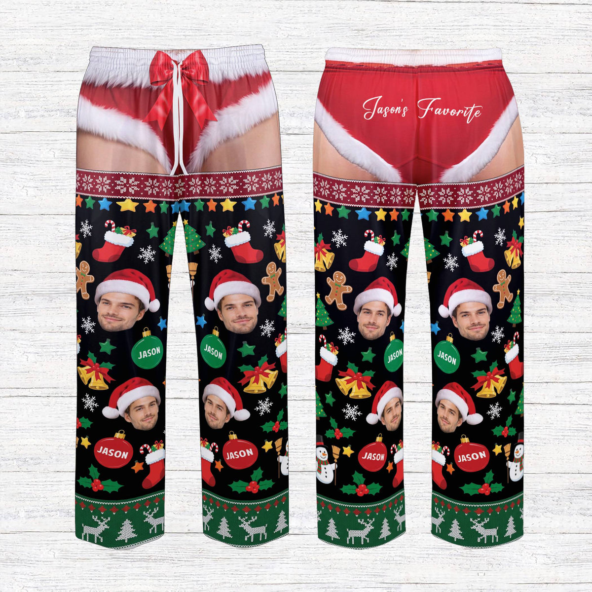 Front view of the funny naughty Christmas pajama set in black showing the custom design