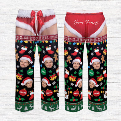 Front view of the funny naughty Christmas pajama set in black showing the custom design