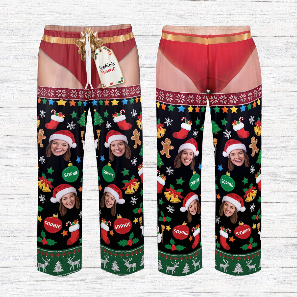Main view of the funny naughty Christmas pajama set in black with custom face design