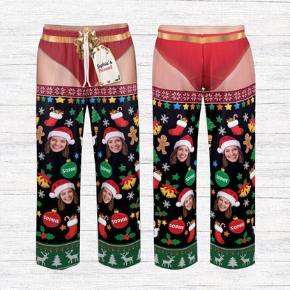 Main view of the funny naughty Christmas pajama set in black with custom face design