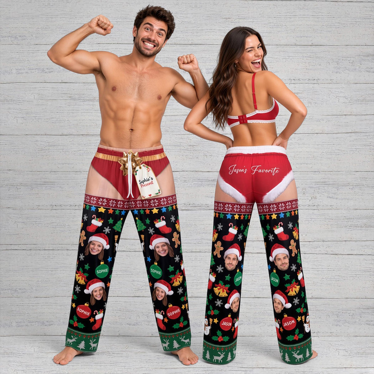 Lifestyle image of the funny naughty Christmas pajama set in black