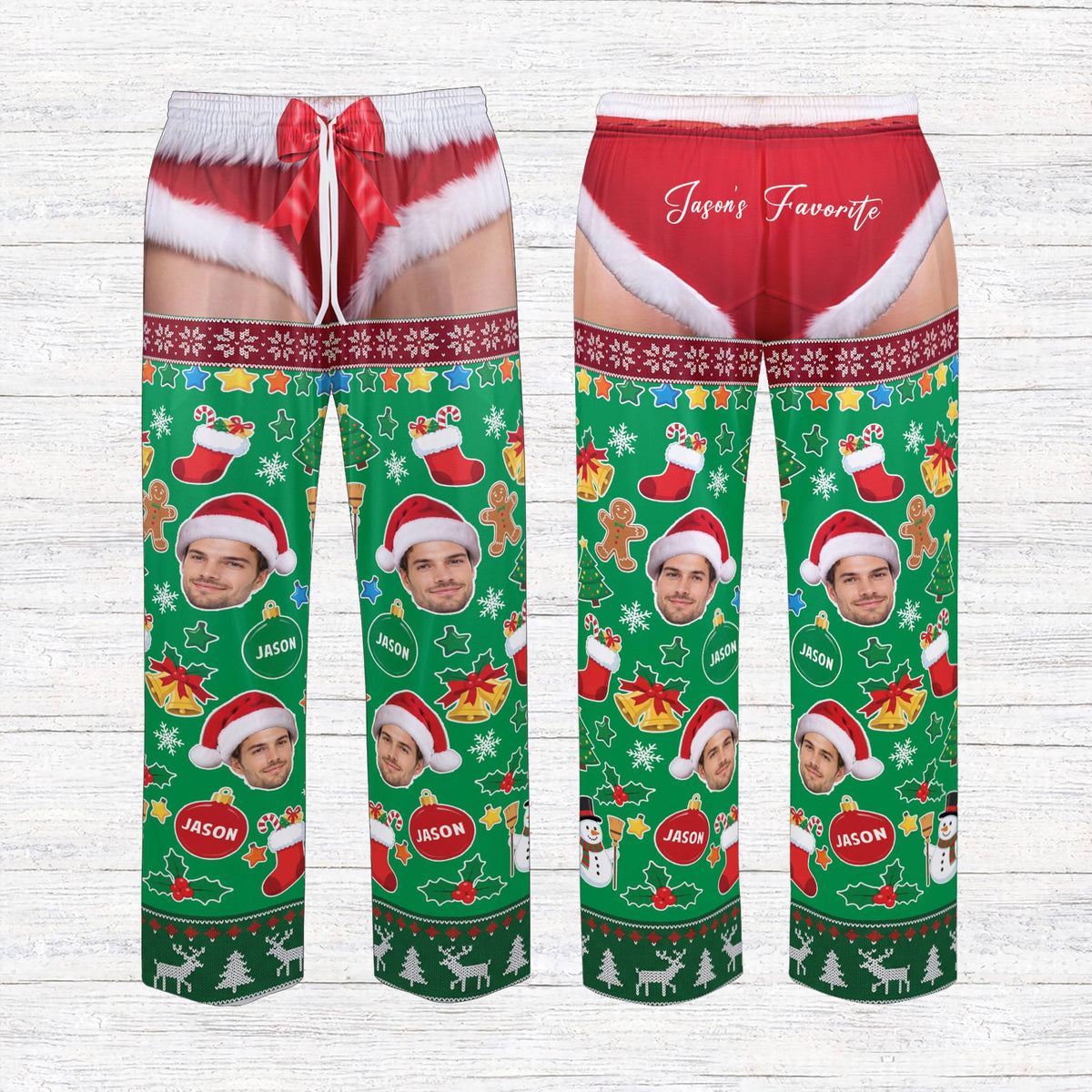 Front view of the multicolor naughty Christmas pajama set