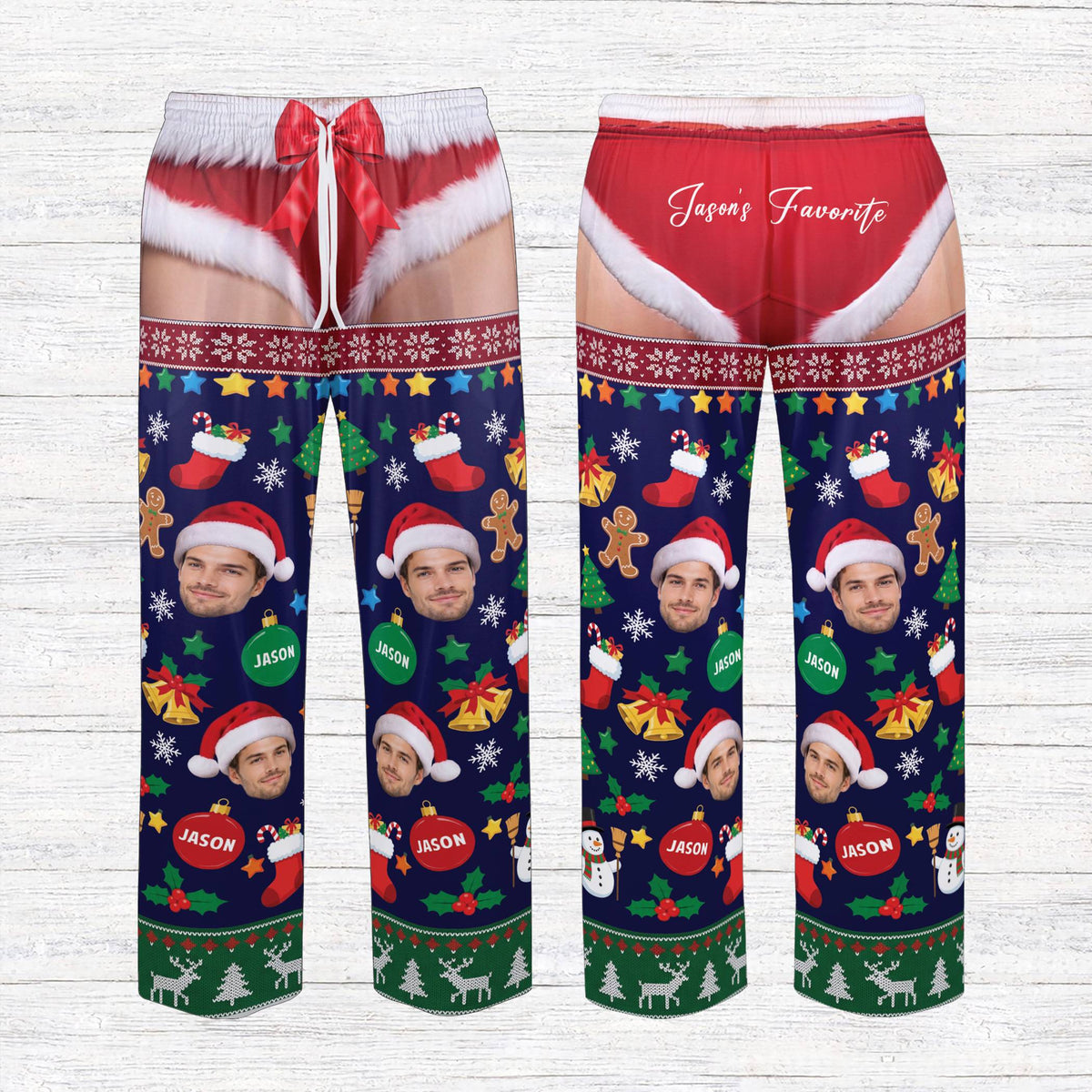 Back view of the personalized naughty Christmas pajamas in navy