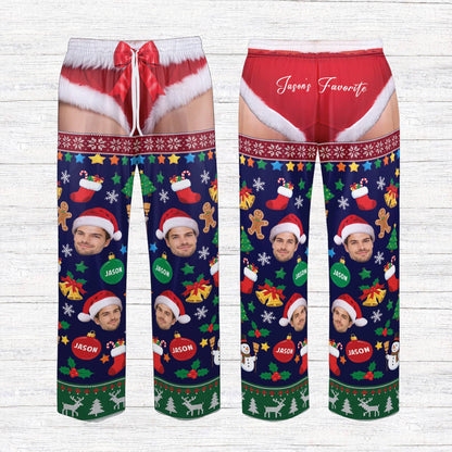Back view of the personalized naughty Christmas pajamas in navy