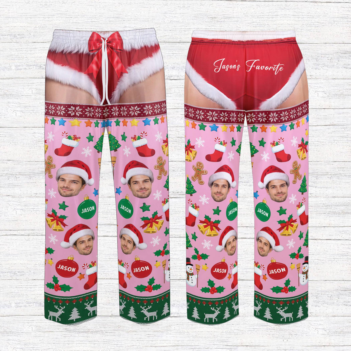 Front view of the personalized naughty holiday pajamas in pink