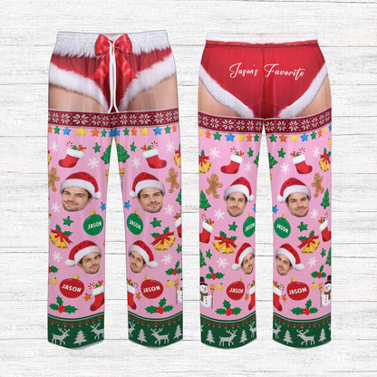 Front view of the personalized naughty holiday pajamas in pink