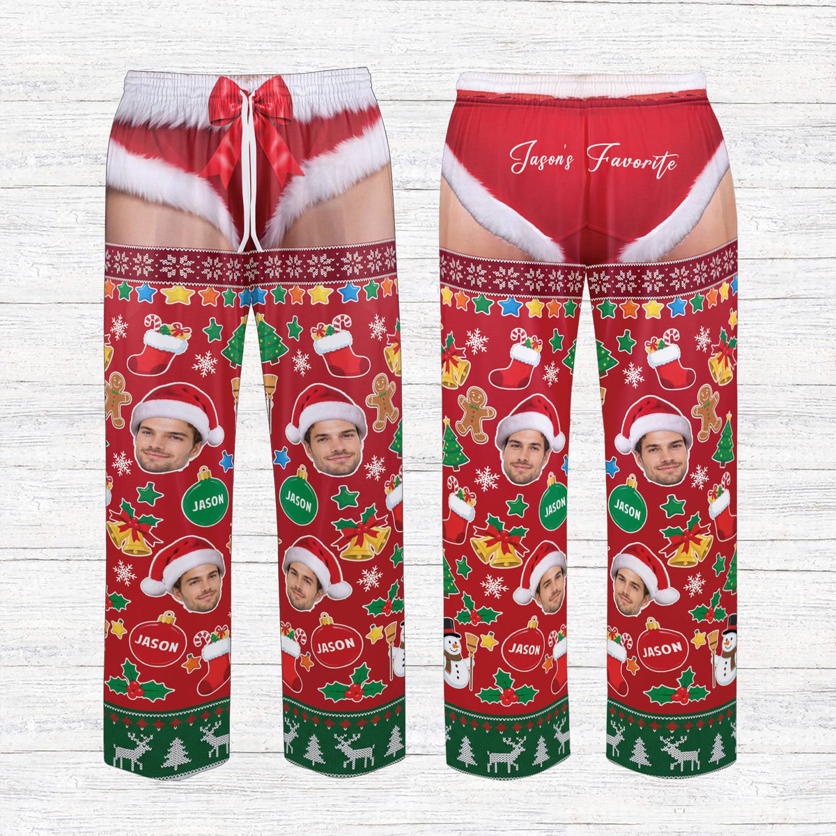 Front view of the custom photo holiday pajamas in red
