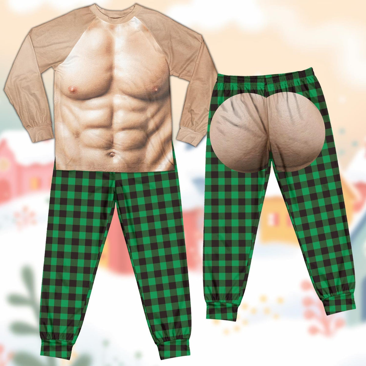 Another front view of the funny novelty pajama set with green plaid pants