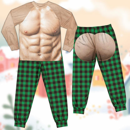 Another front view of the funny novelty pajama set with green plaid pants