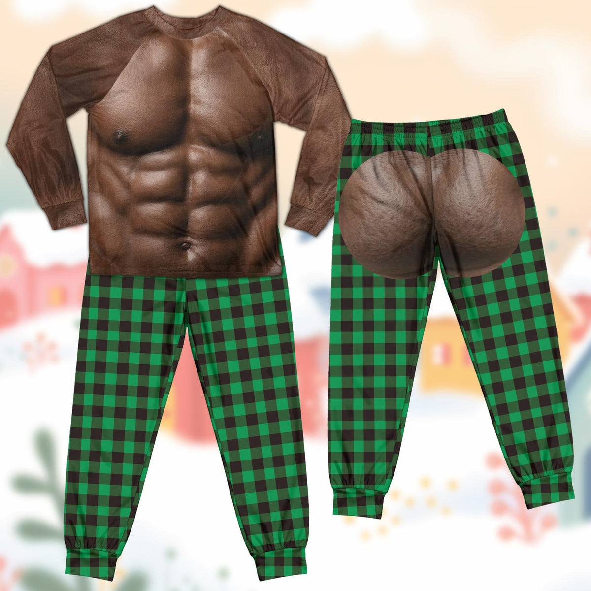 Front view of the funny novelty pajama set with green plaid pants and hairy torso top