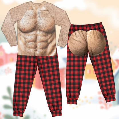 Family wearing the funny novelty pajama set with bare butt plaid pants and torso tops