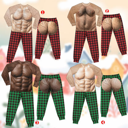 Front view of the funny novelty pajama set with red and black plaid pants