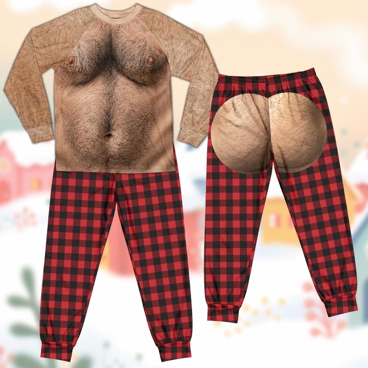 Close up front view of the funny novelty pajama set with red and black plaid pants