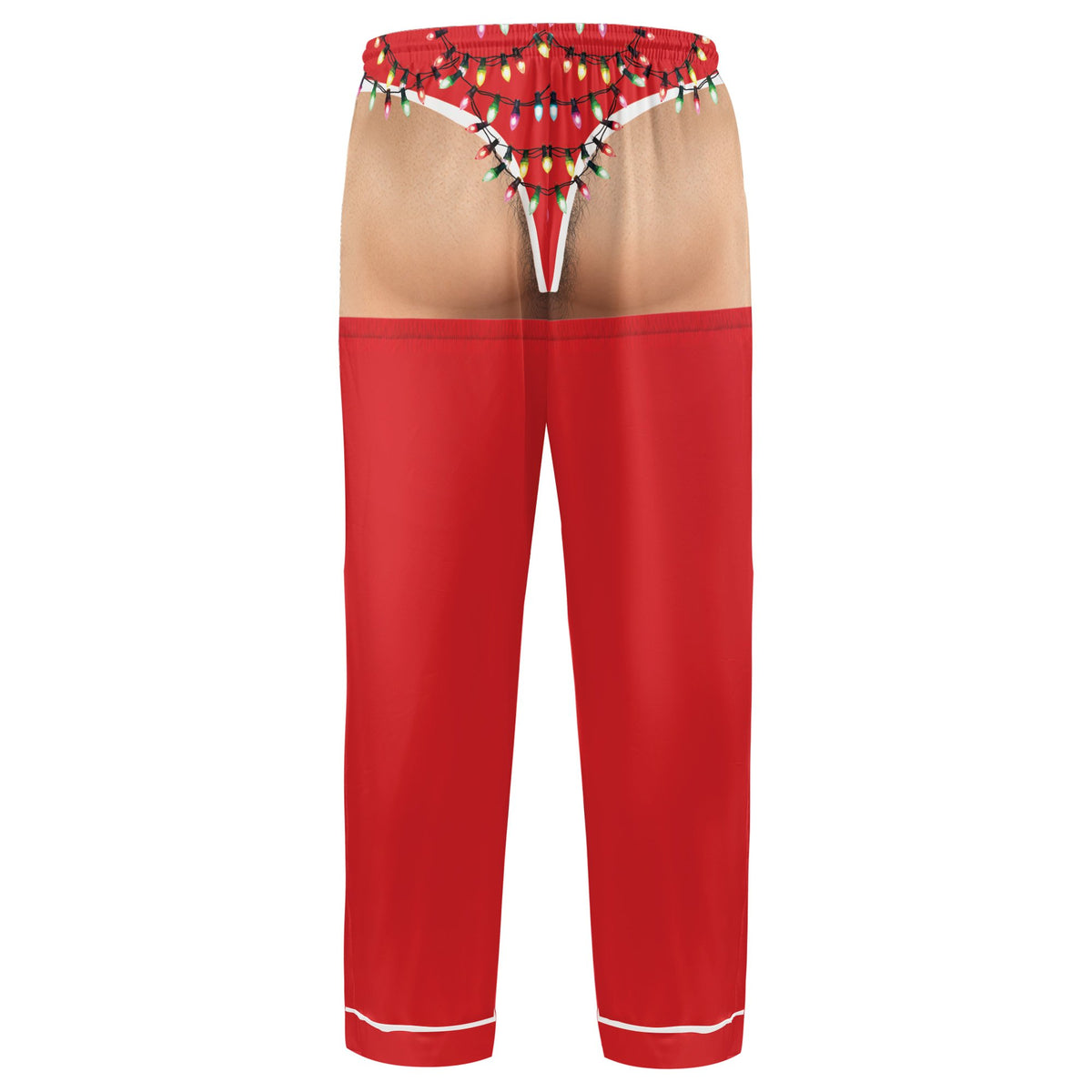 Funny gag gift pajama set featuring a thong and Christmas lights illusion on the back