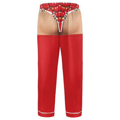 Funny gag gift pajama set featuring a thong and Christmas lights illusion on the back