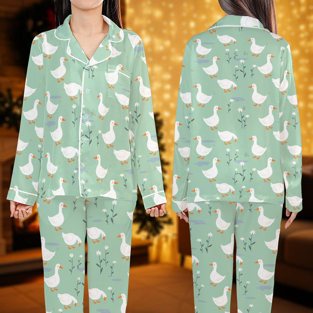 Full front view of the matching family pajama set in mint green