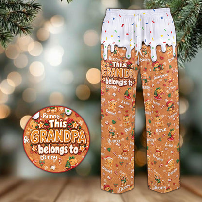 Brown plaid gingerbread pajama set with festive character print, front view