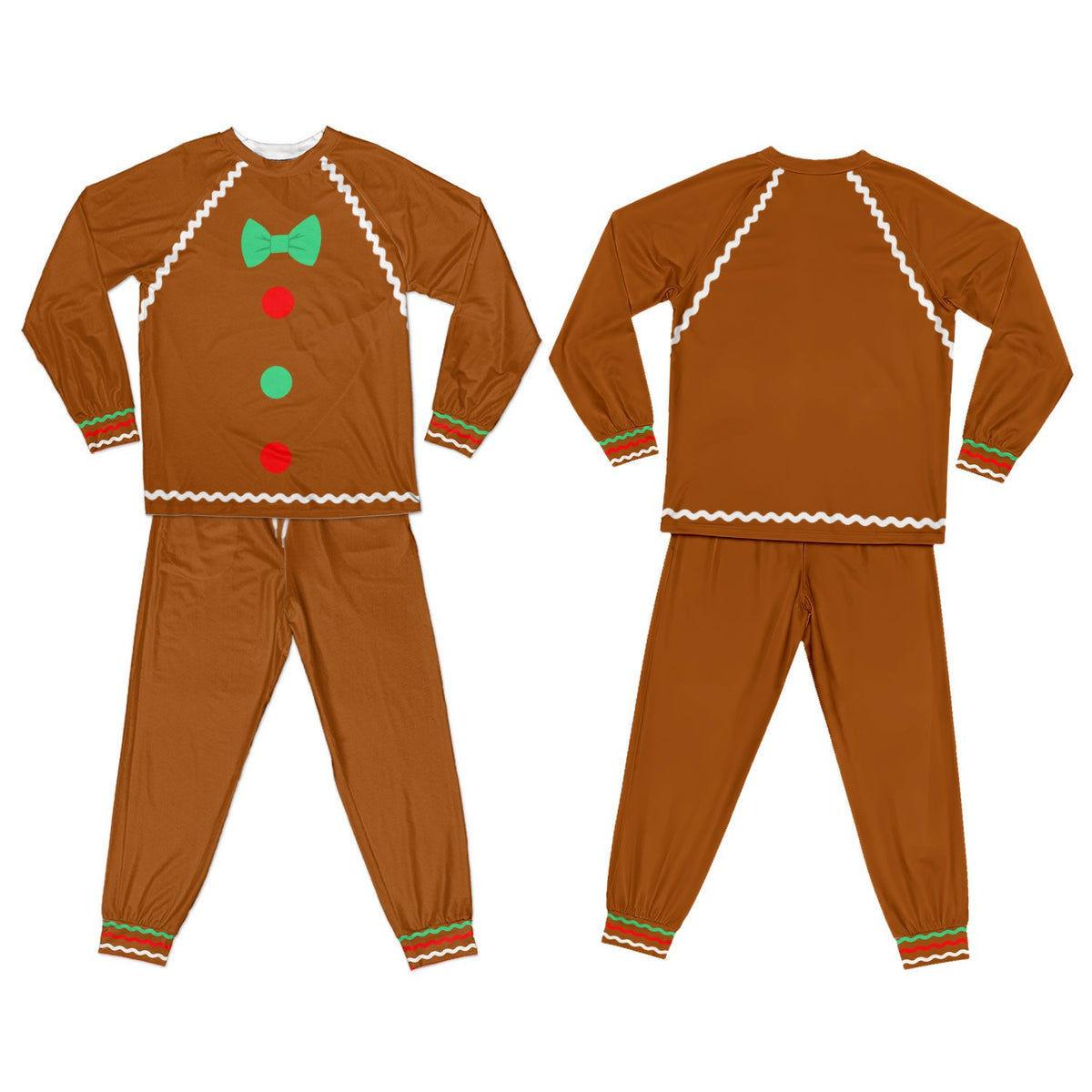 Gingerbread pajama set front view on a brown background with green bow tie and red and green buttons
