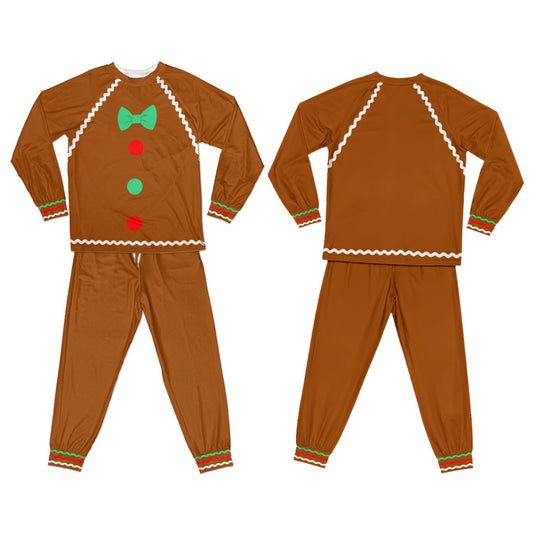 Gingerbread pajama set front view on a brown background with green bow tie and red and green buttons
