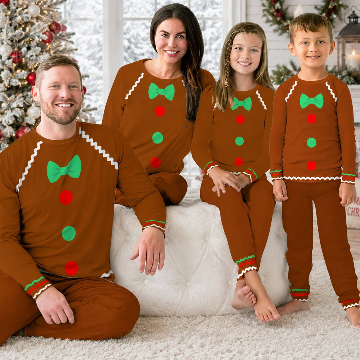Close-up lifestyle view of the gingerbread pajama set design