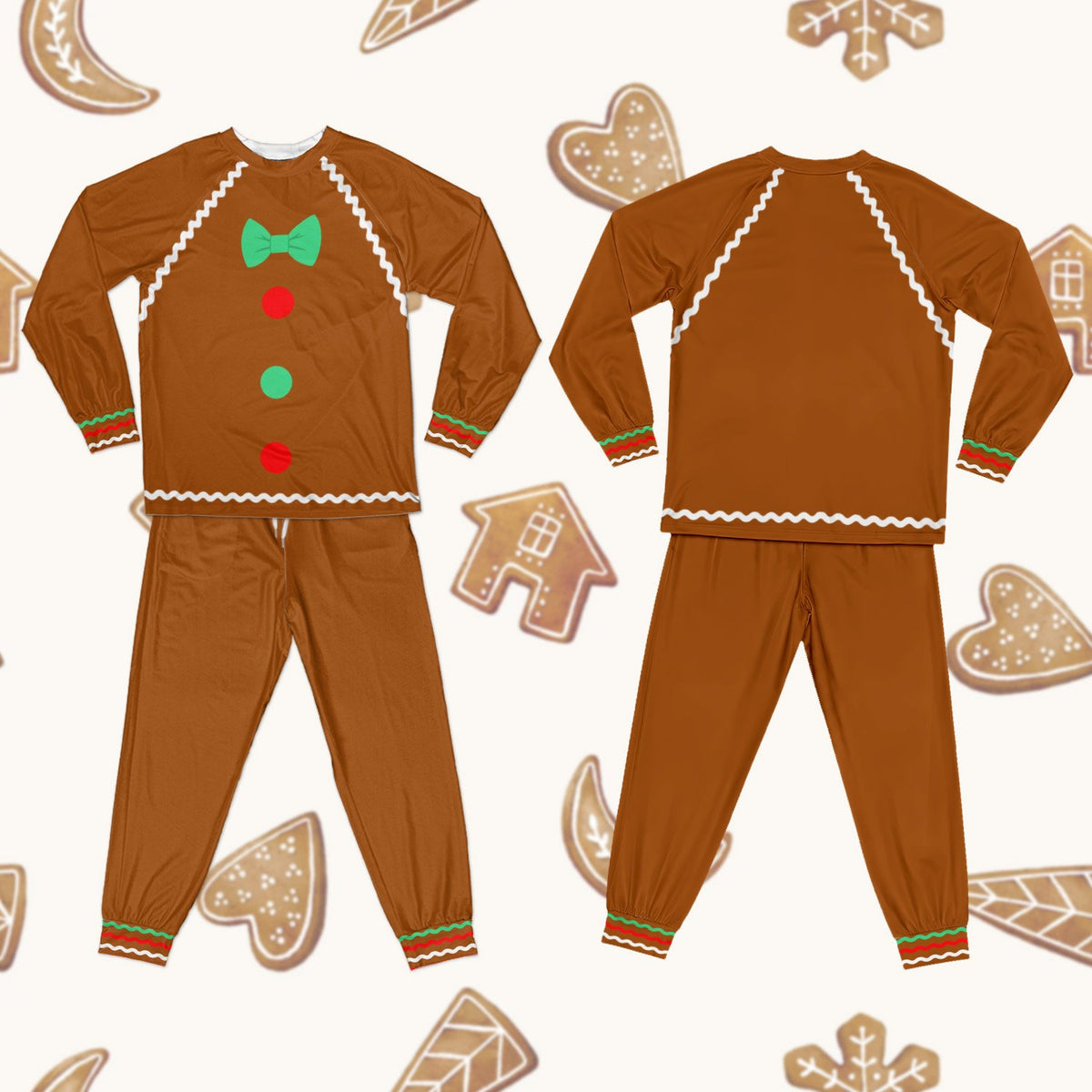 Group shot of family in gingerbread pajama sets