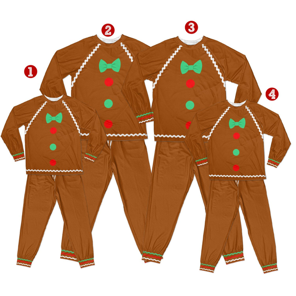 Another lifestyle shot of family wearing matching gingerbread pajama sets