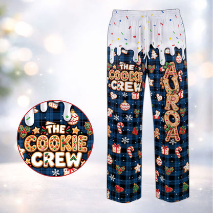 Blue version of the matching family christmas pajamas with custom name
