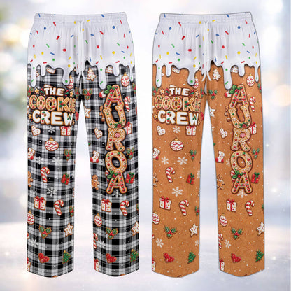 Front view of the cookie crew matching family pajamas with plaid pants