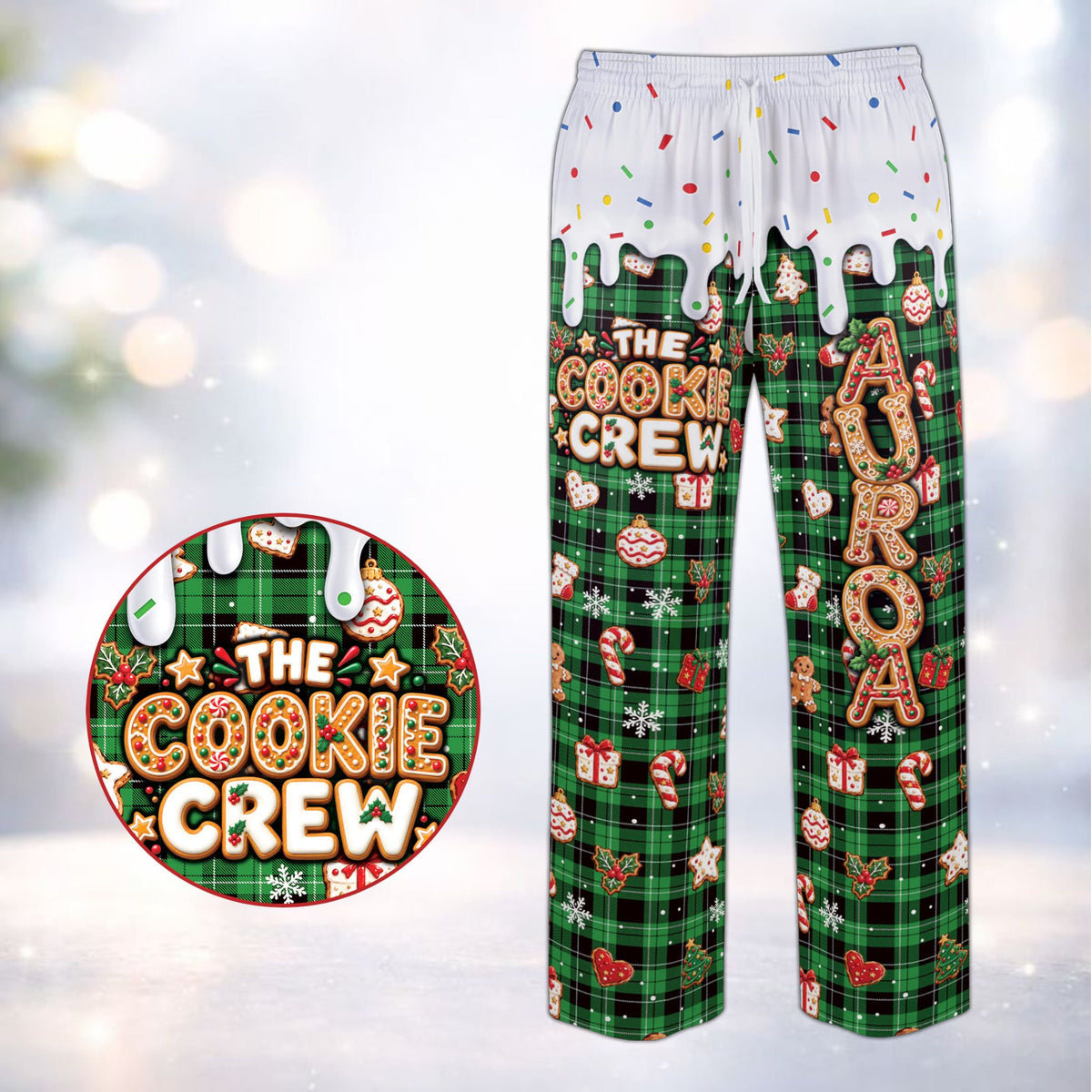 Green version of the matching xmas family pajamas featuring gingerbread and holiday graphics