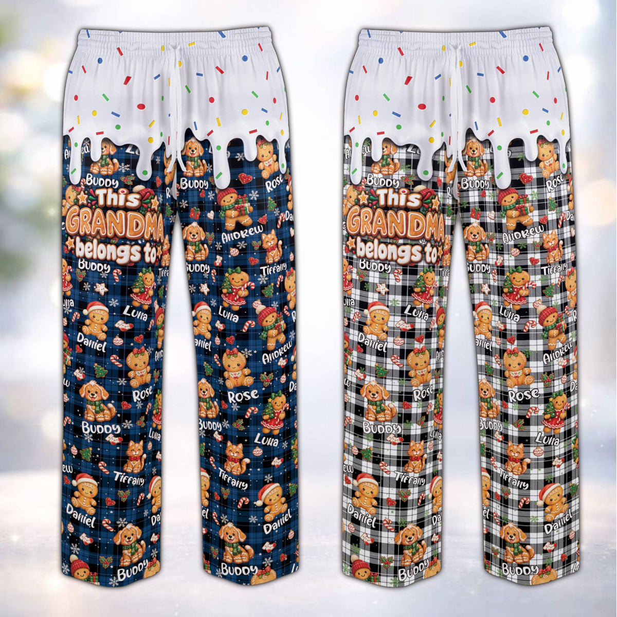 Front view of the personalized gingerbread pajama set top and bottoms