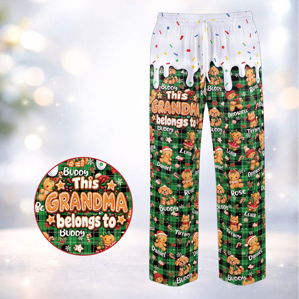 Green plaid gingerbread pajama set featuring custom name and icing details, front view