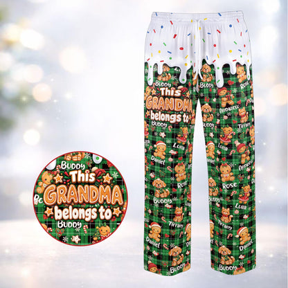 Green plaid gingerbread pajama set featuring custom name and icing details, front view