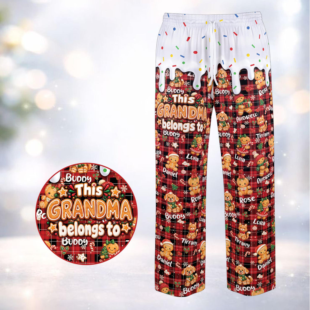 Red plaid gingerbread pajama set with custom name for matching family pajamas, front view