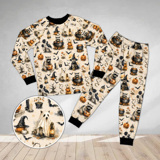Beige halloween pajama set featuring a spooky raccoon pattern, front view