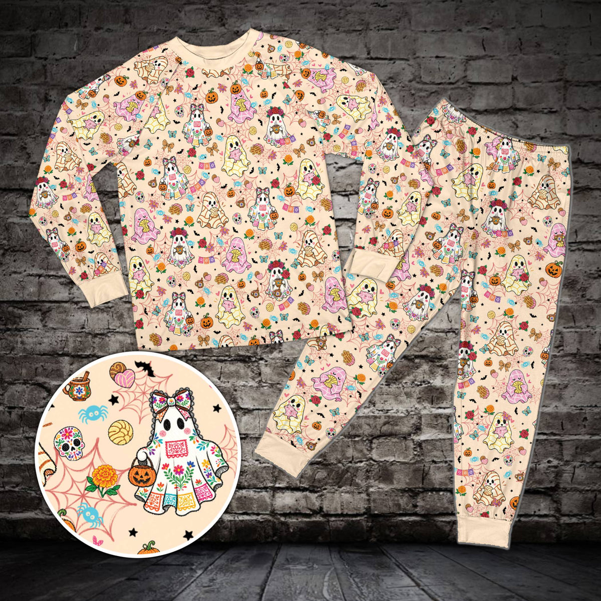 Matching family pajama set in beige with Halloween print, front view