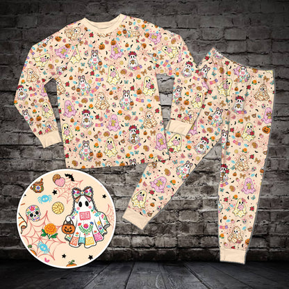 Matching family pajama set in beige with Halloween print, front view