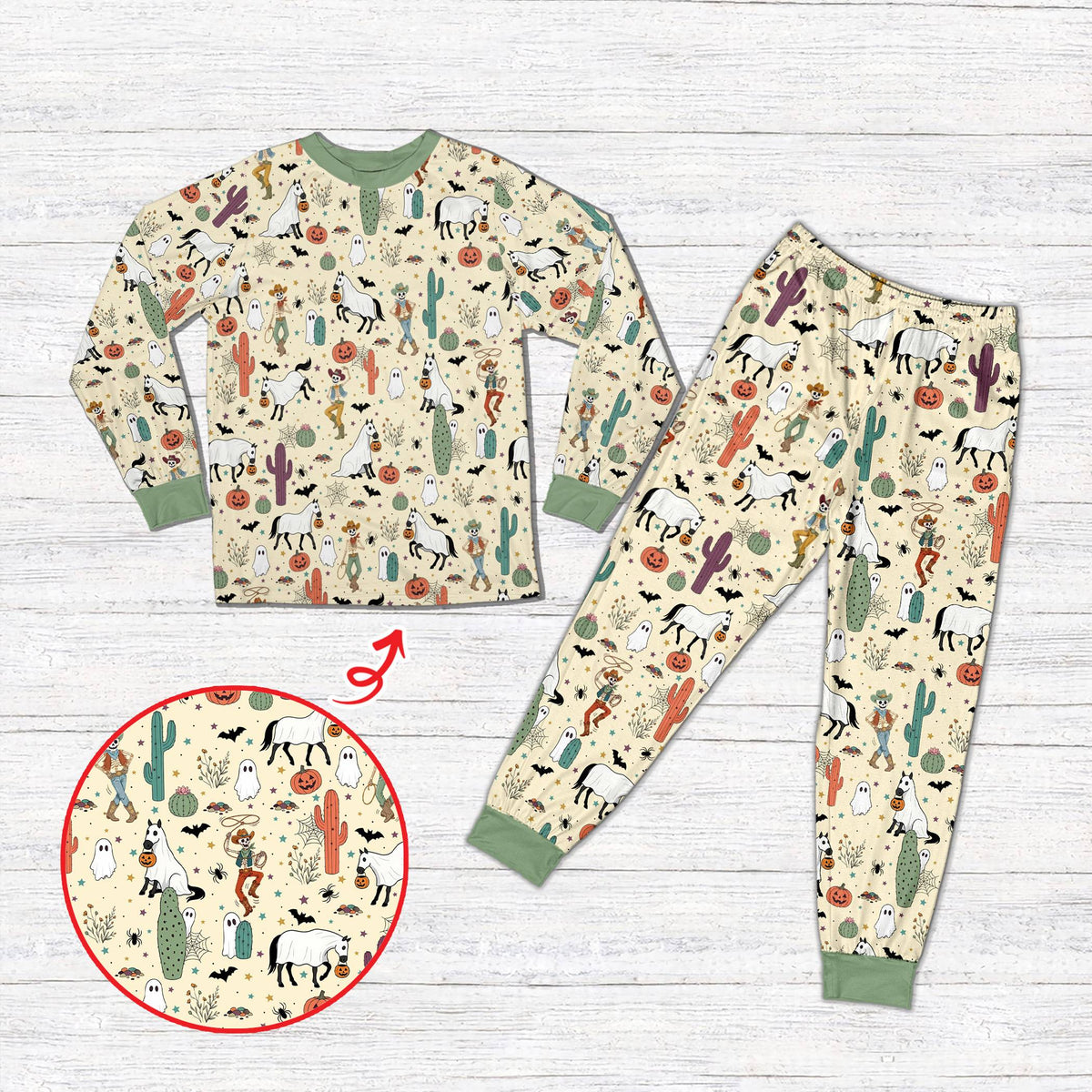holiday family matching pajamas in western Halloween beige design, front view