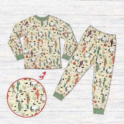 holiday family matching pajamas in western Halloween beige design, front view