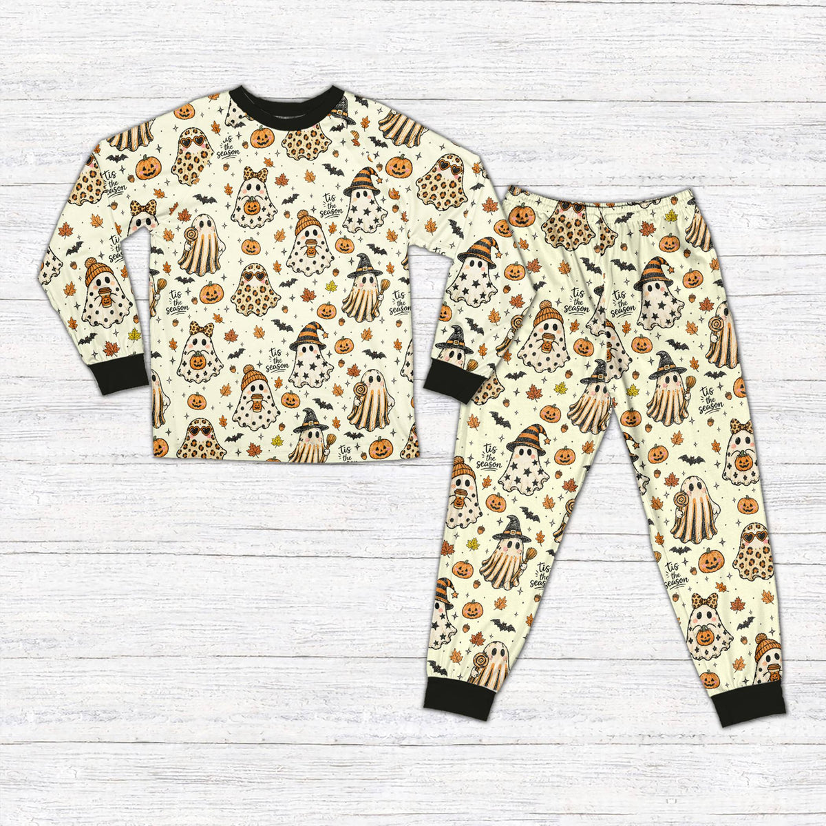 Beige version of the halloween pajama set, front view