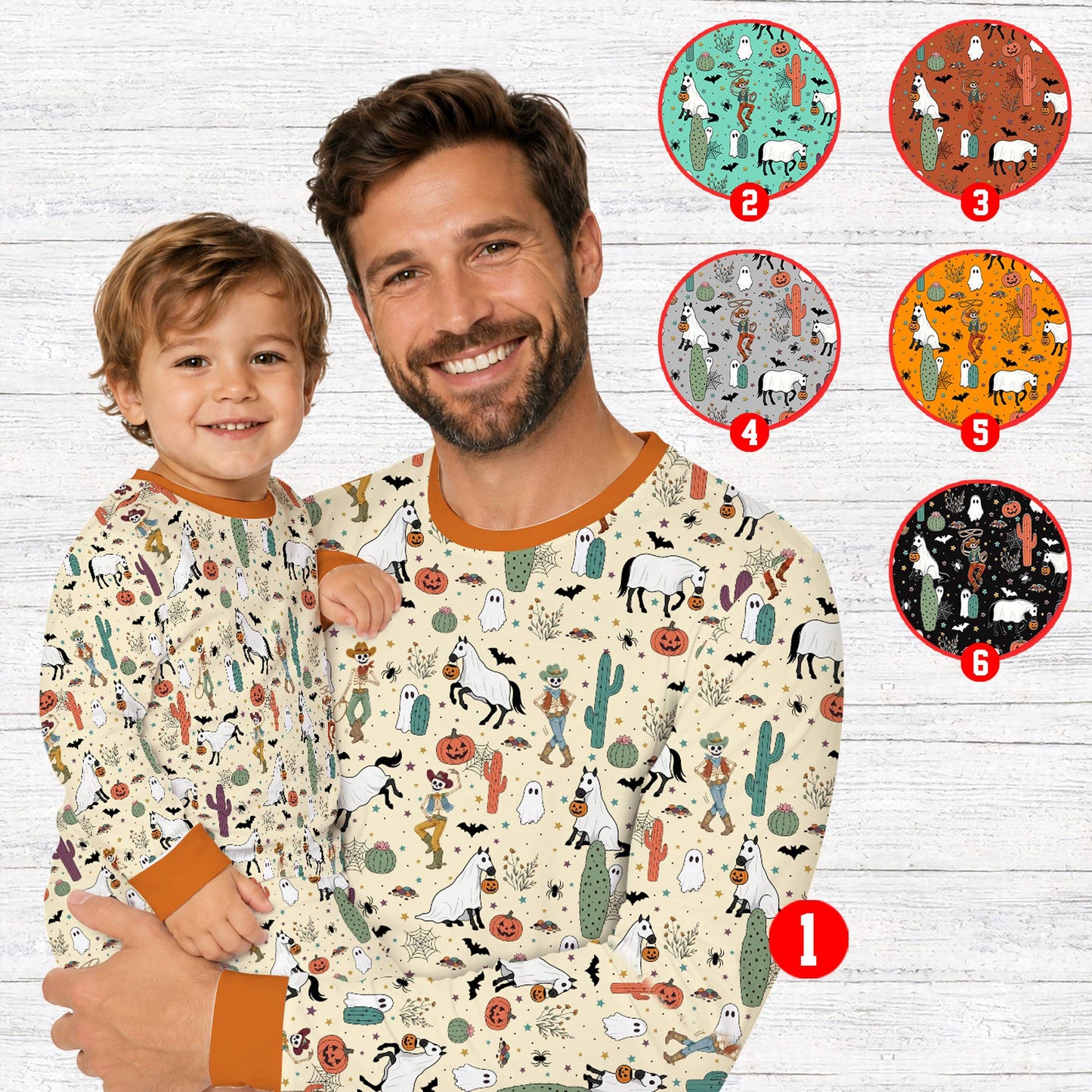 lifestyle view of family wearing western Halloween holiday pajamas