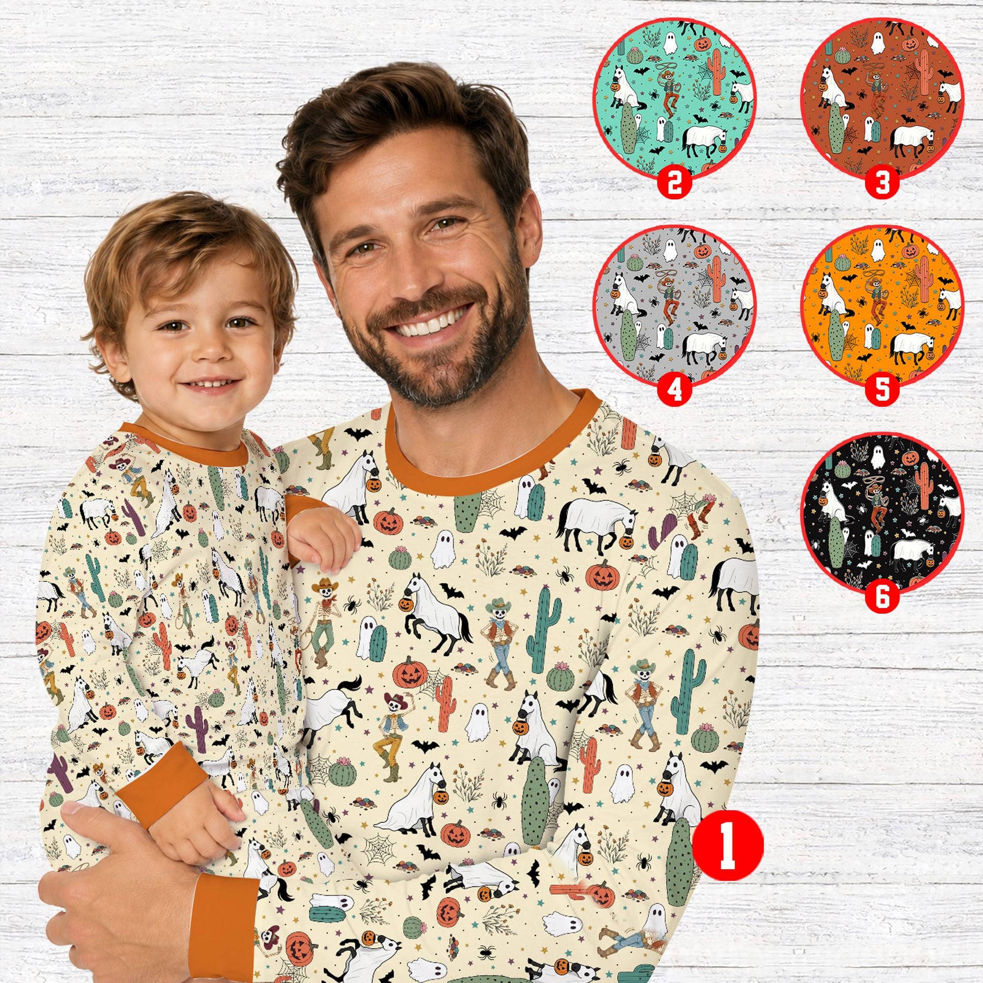 lifestyle view of family wearing western Halloween holiday pajamas