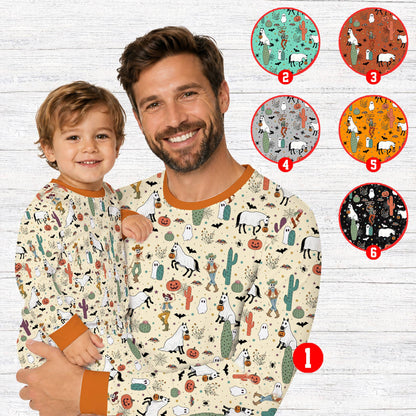 lifestyle view of family wearing western Halloween holiday pajamas