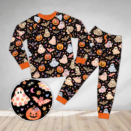 Whimsical halloween pajama set with cute ghosts and bats on black background, family matching style